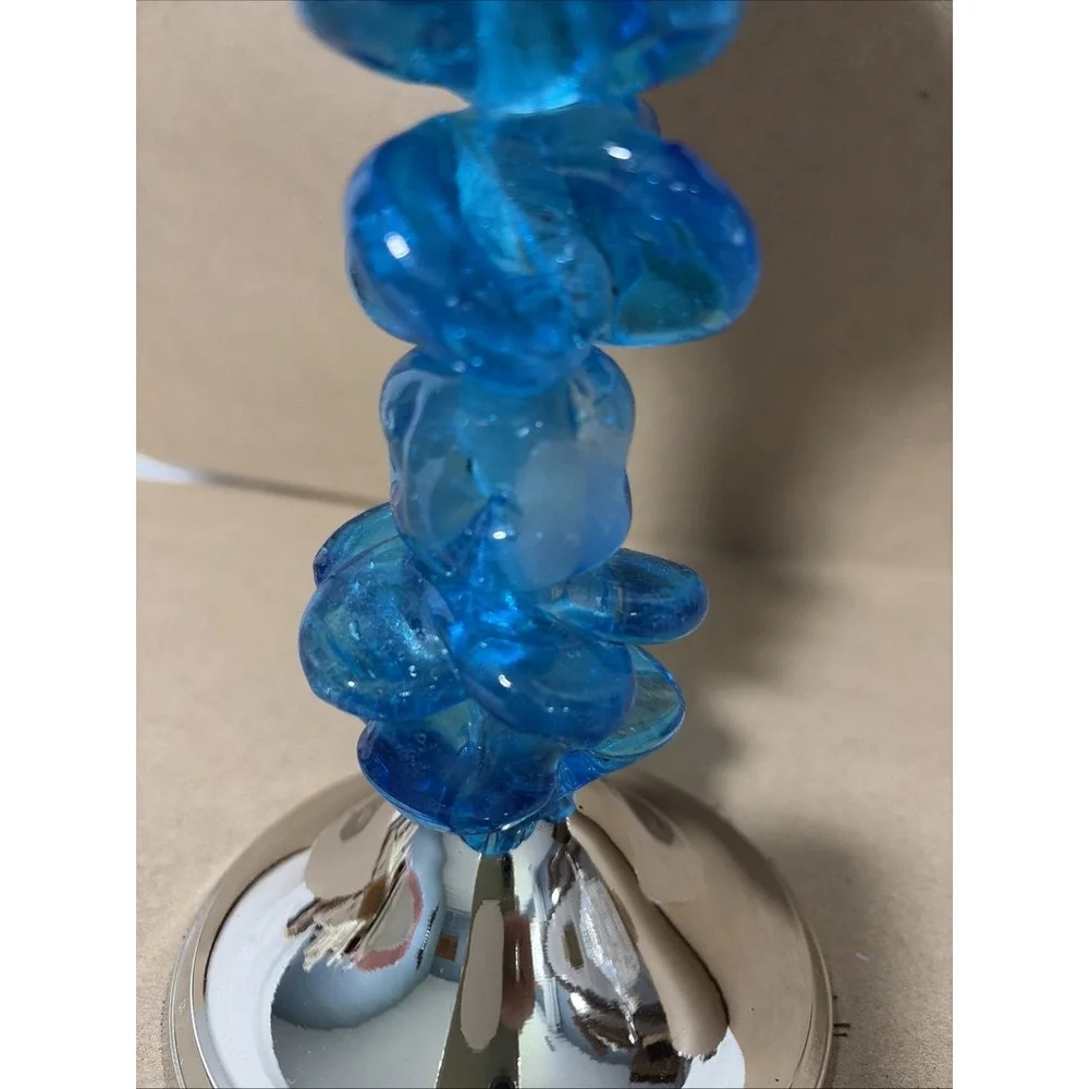Blue Acrylic Stacked Resin Pillar Candlestick Holder 11.5in Metallic 1970s Style